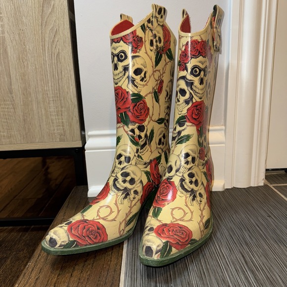 Nomad Womens 9 Rain Boots Skull Skeleton Rose Snip Toe Cowboy‎ Western EUC $128 - Picture 3 of 8